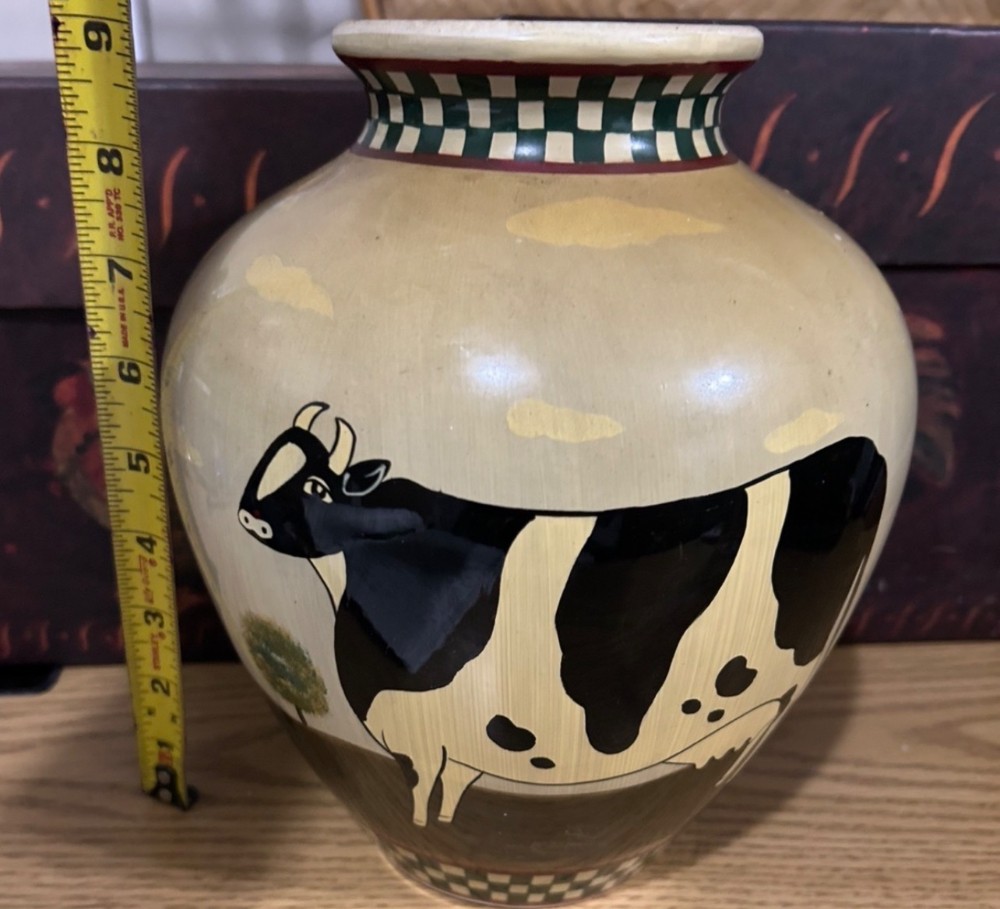 Hand painted ceramic cow vase. Farmhouse or country style