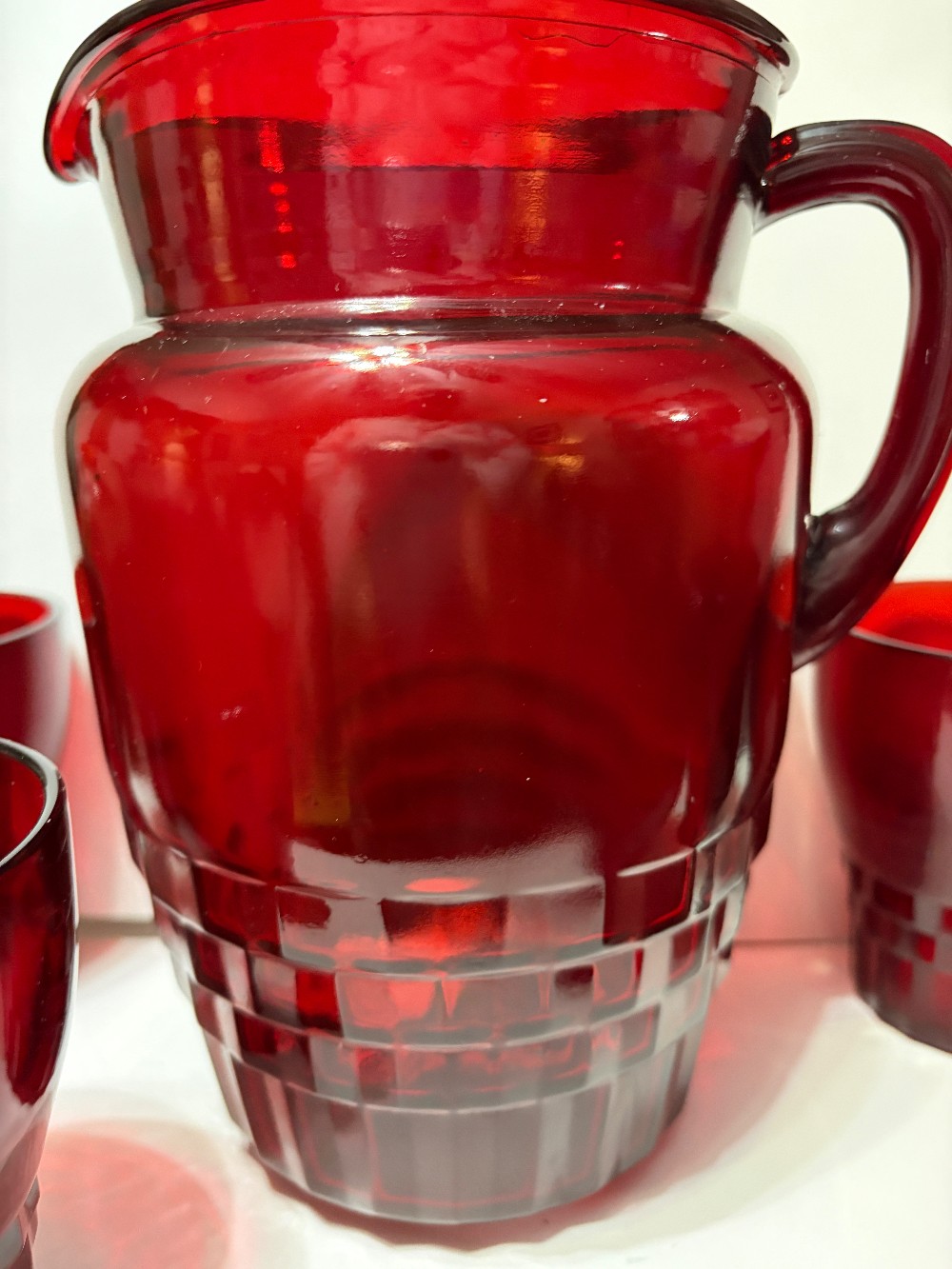 Art Deco Anchor Hocking Royal Windsor Ruby Red water Pitcher and 6 glasses