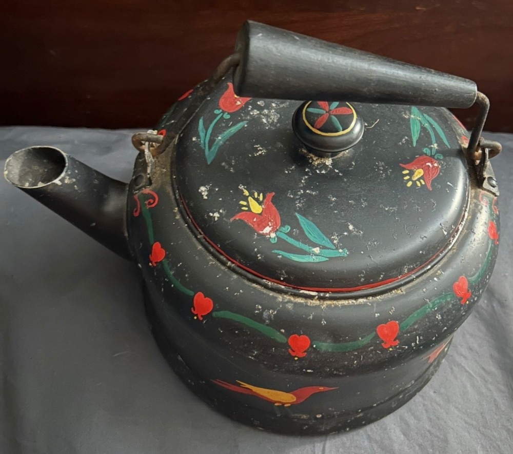 Vintage hand painted folk art kettle