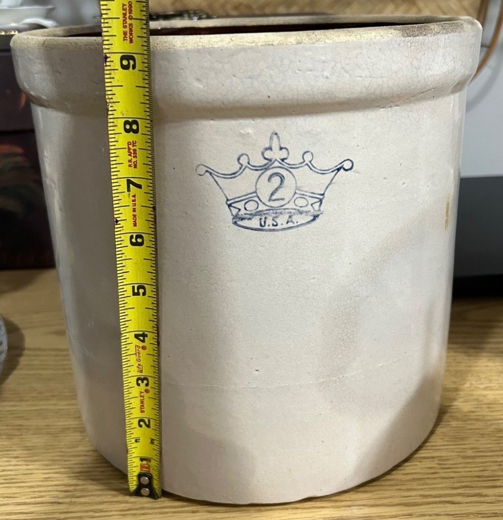 Vintage 2 gallon blue crown logo Robinson-Ransbottom crock USA