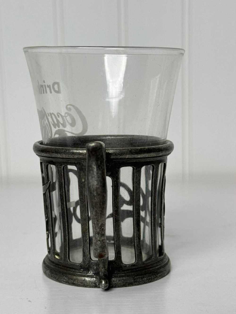 2677 - Vintage, 1970's Coca-Cola soda fountain syrup glass with etched logo and its original pewter holder