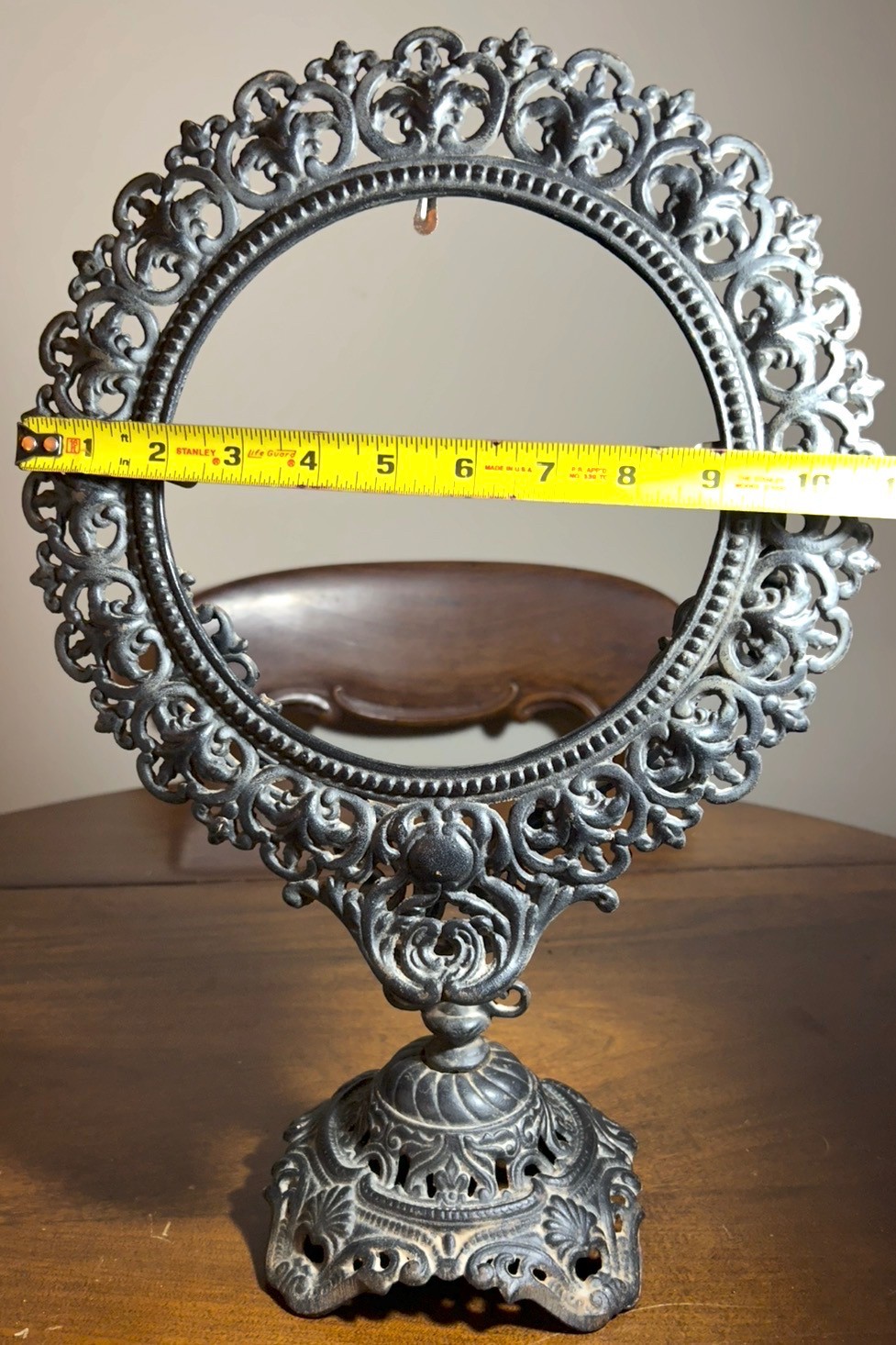 Antique ornate cast iron filigree table mirror from Victorian Era