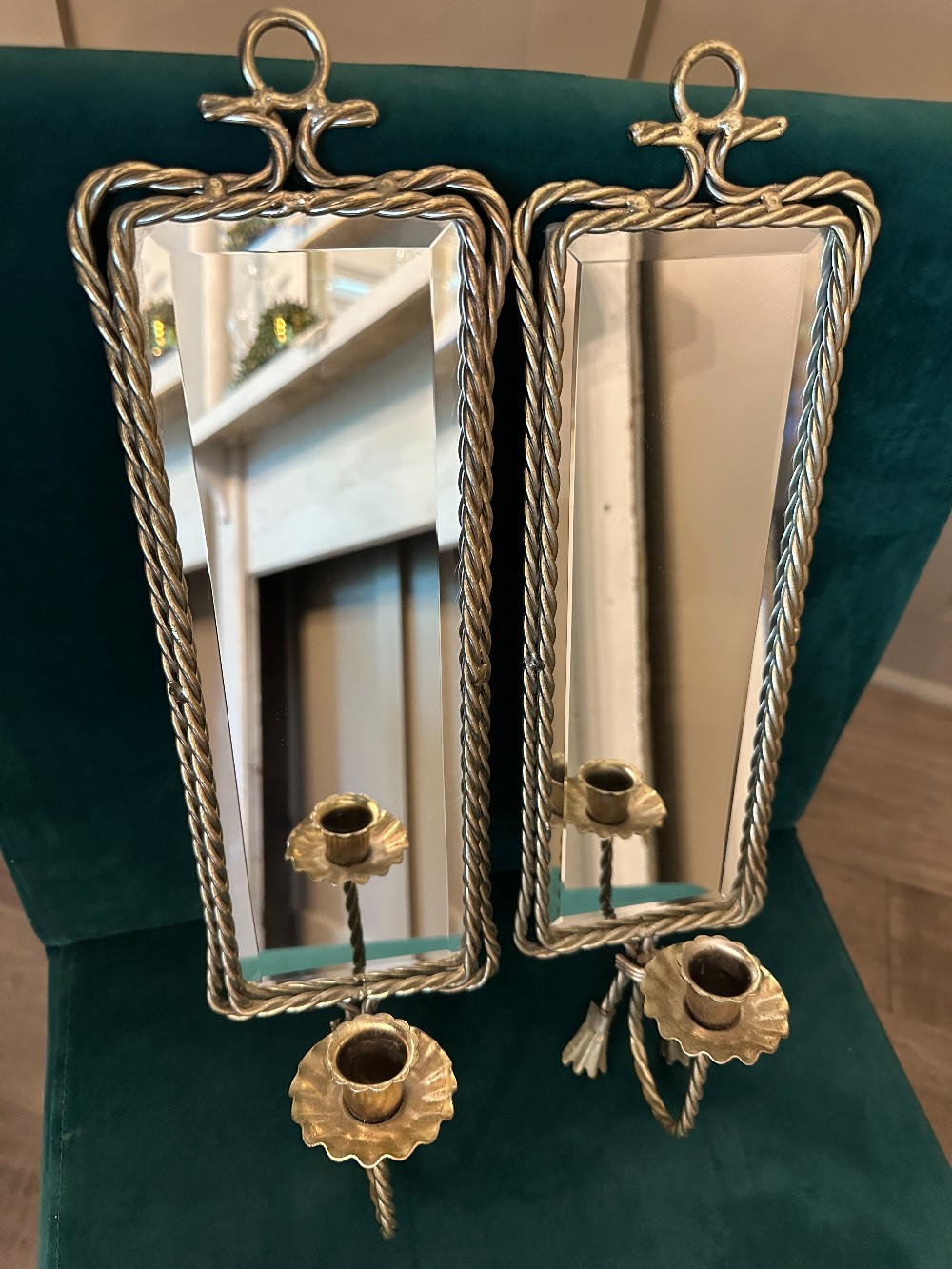 MB Vintage Mid-Century French Twisted Brass Mirrored Sconces Pair