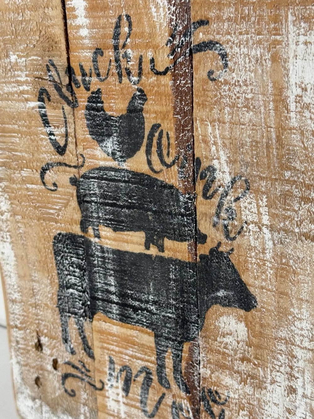 2603 -  rustic wood plank sign features a stenciled farm scene of a cow, pig, and chicken stacked together  (8.5x.5x11)