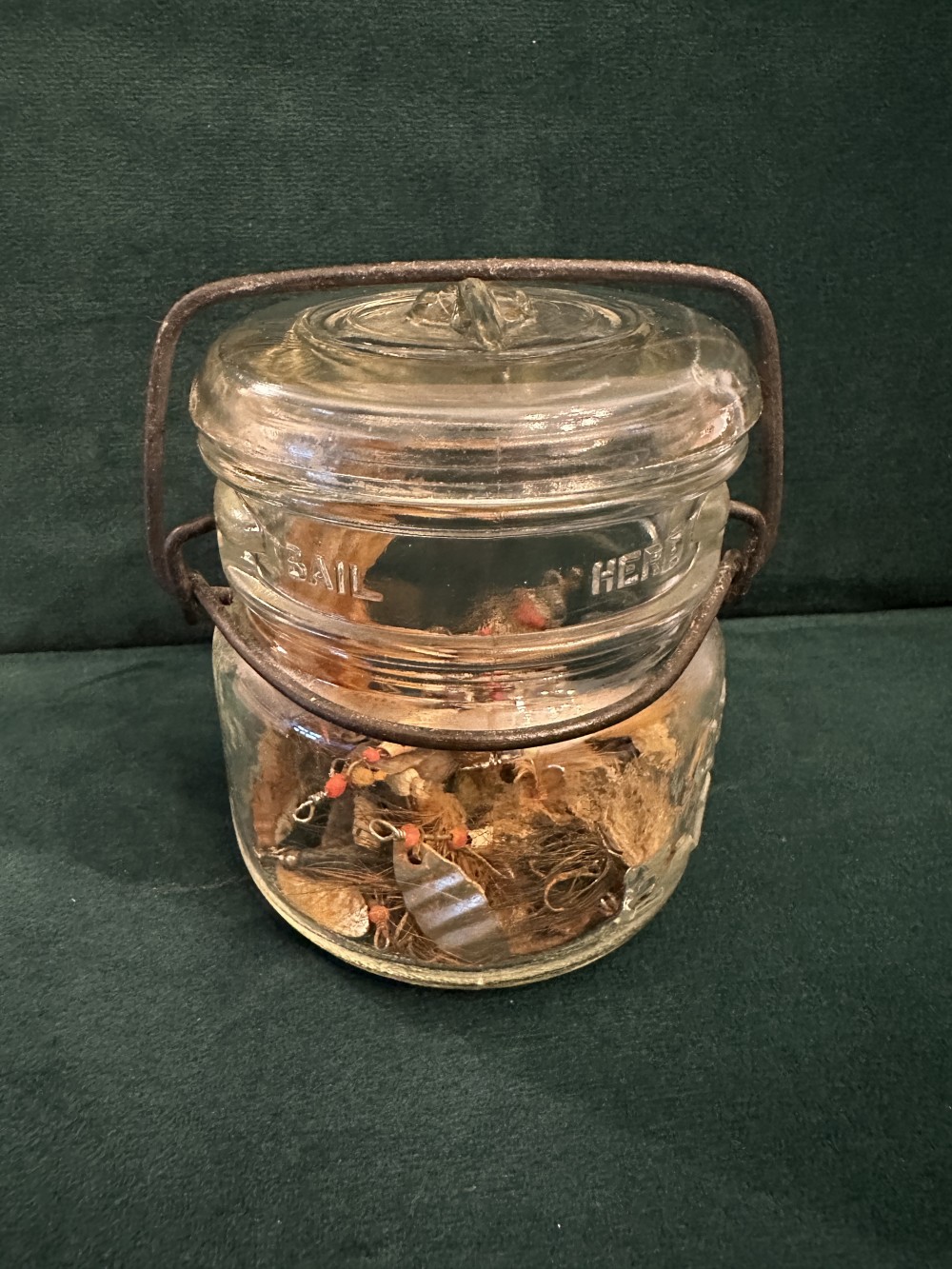 MB Vintage Atlas Jar with 26 Crusty Fishing Lures