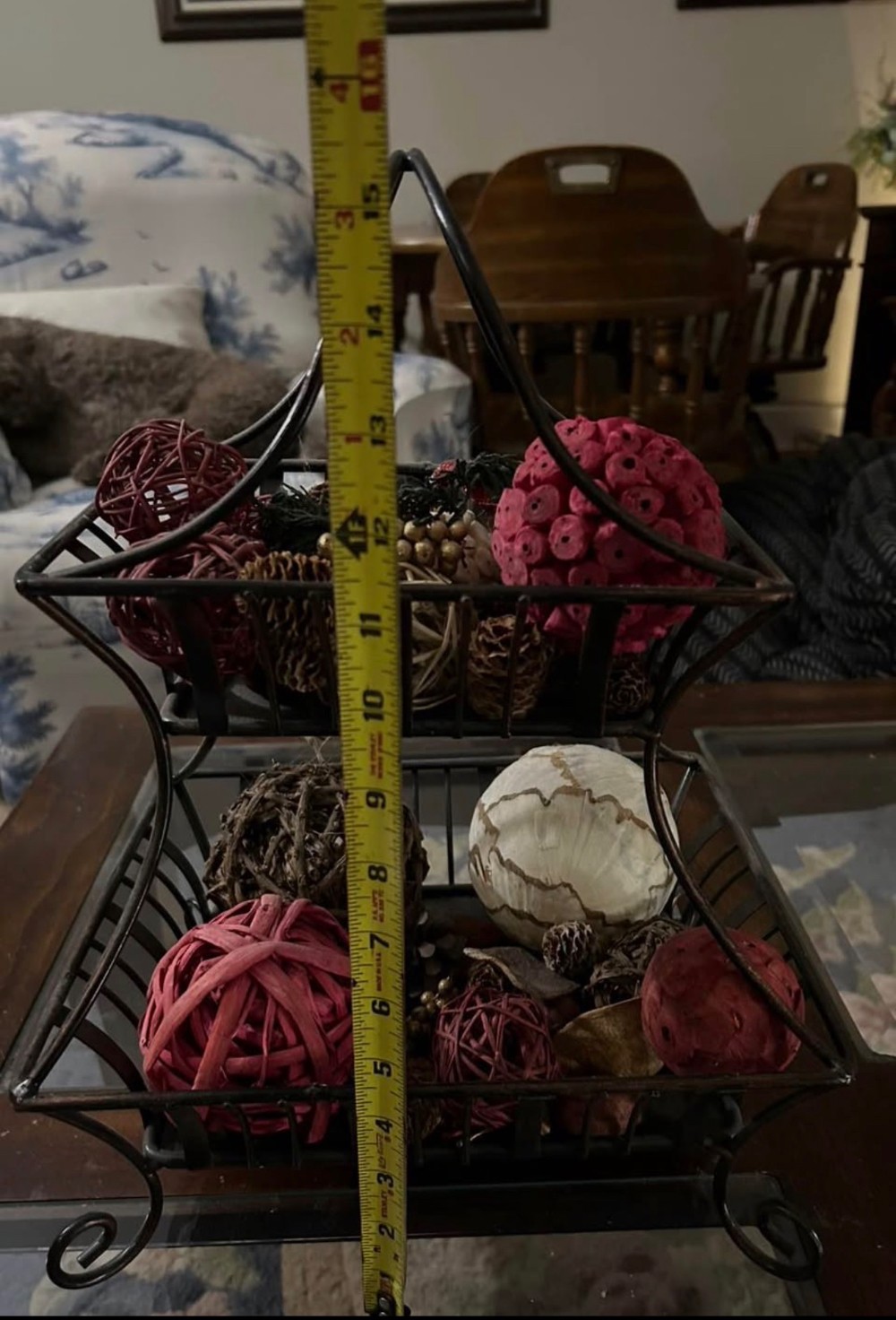 2 tier metal decorative basket with rattan balls