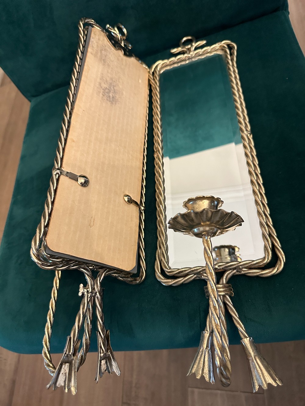 MB Vintage Mid-Century French Twisted Brass Mirrored Sconces Pair