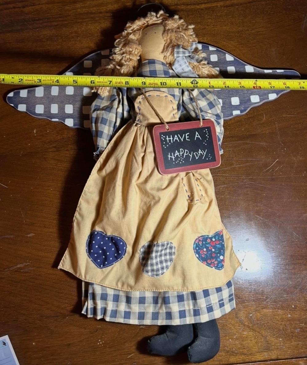 Handmade primitive angel fabric doll with Happy Day sign