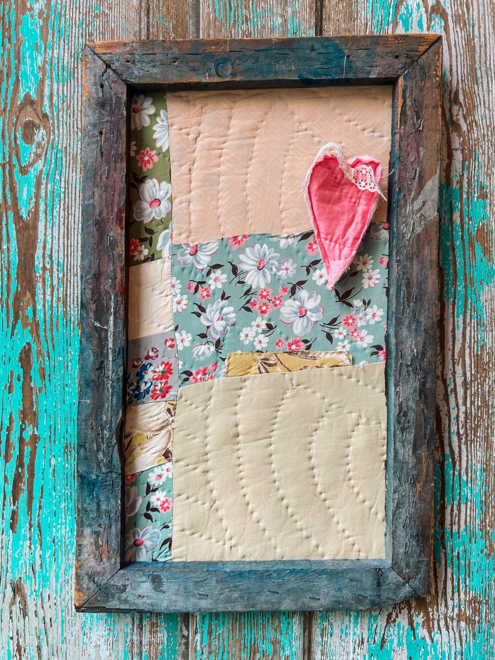 Upcycled Vintage Framed Quilt- Patchwork with blue frame.