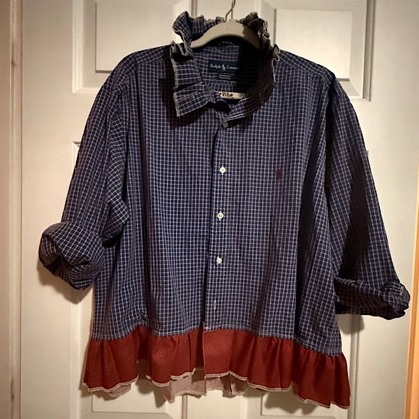 Ruffled collar shirt: Navy plaid w/dark red short skirting, Ralph Lauren