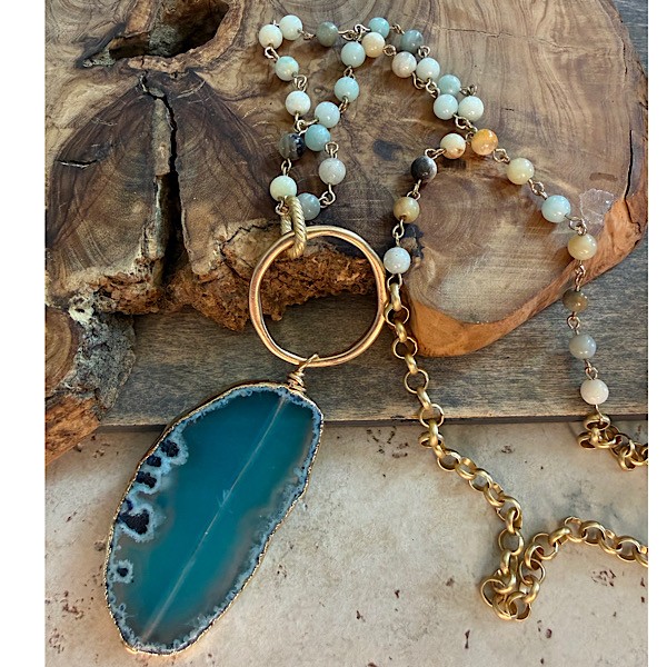 1Aqua agate slab pendant w/gold ring on long chain of amazonite and matte gold