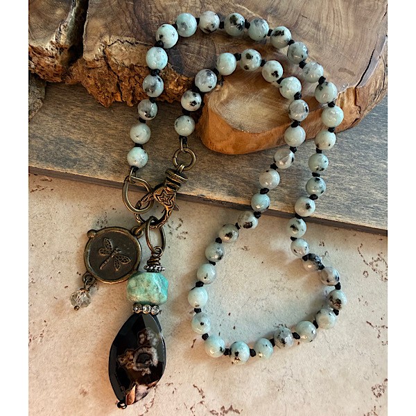 1Stone nugget stack & dragonfly pendant on short knotted sky jasper necklace w/front collector clasp
