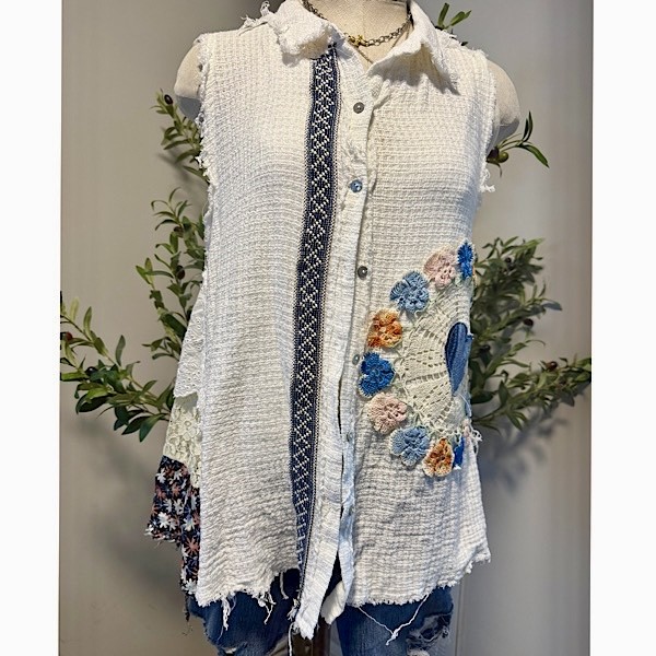 Top: Sleeveless white waffle weave button up w/doily & trim embellishments
