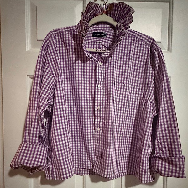 Ruffled collar shirt: Violet gingham Lands End, cropped