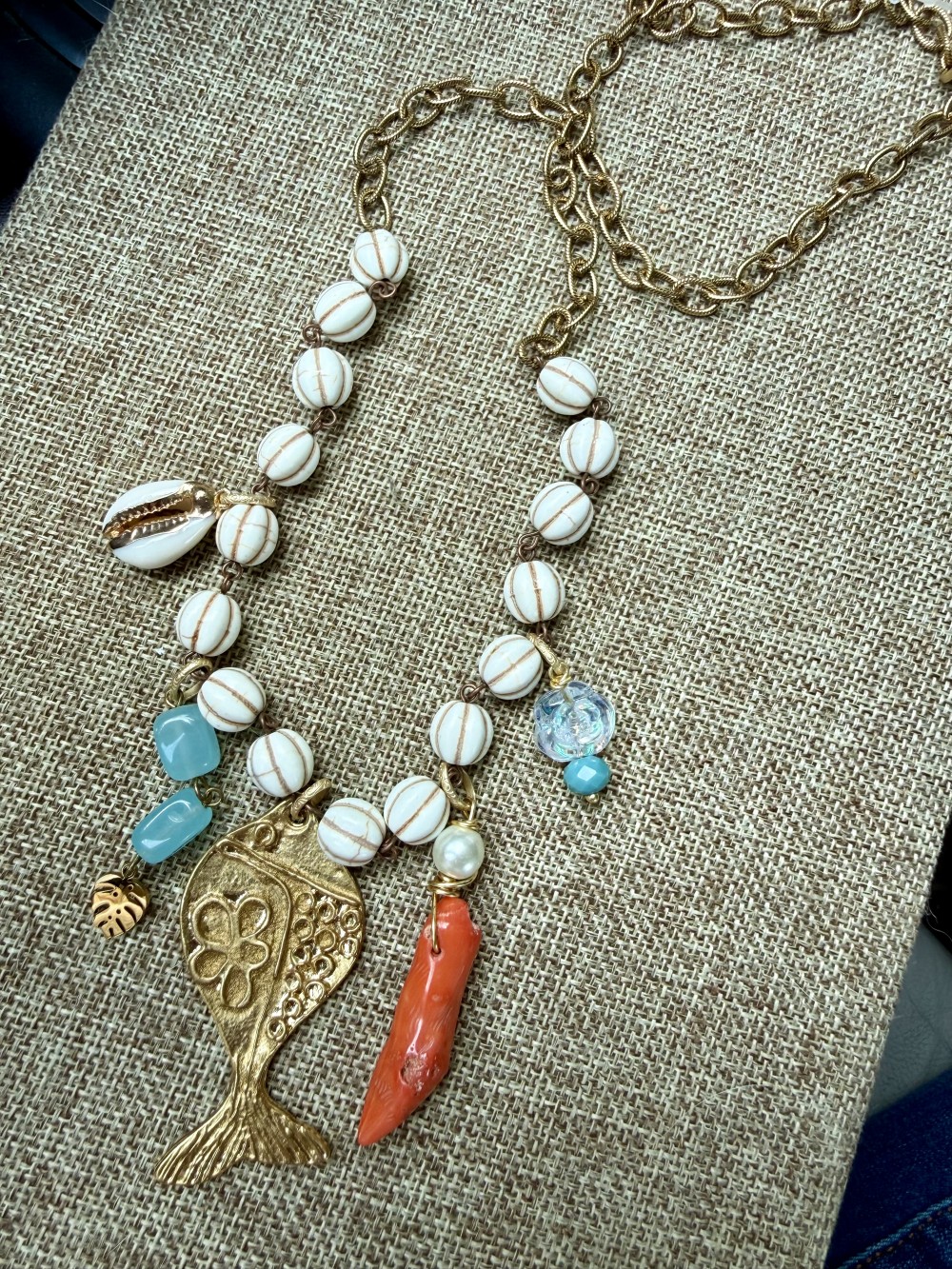 XL Gold Turkish Fish w/coral and other charms on 26