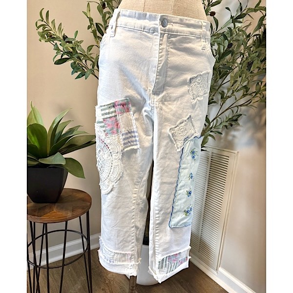 Pants: White cotton capri pants w/patches in pastel pinks and blues