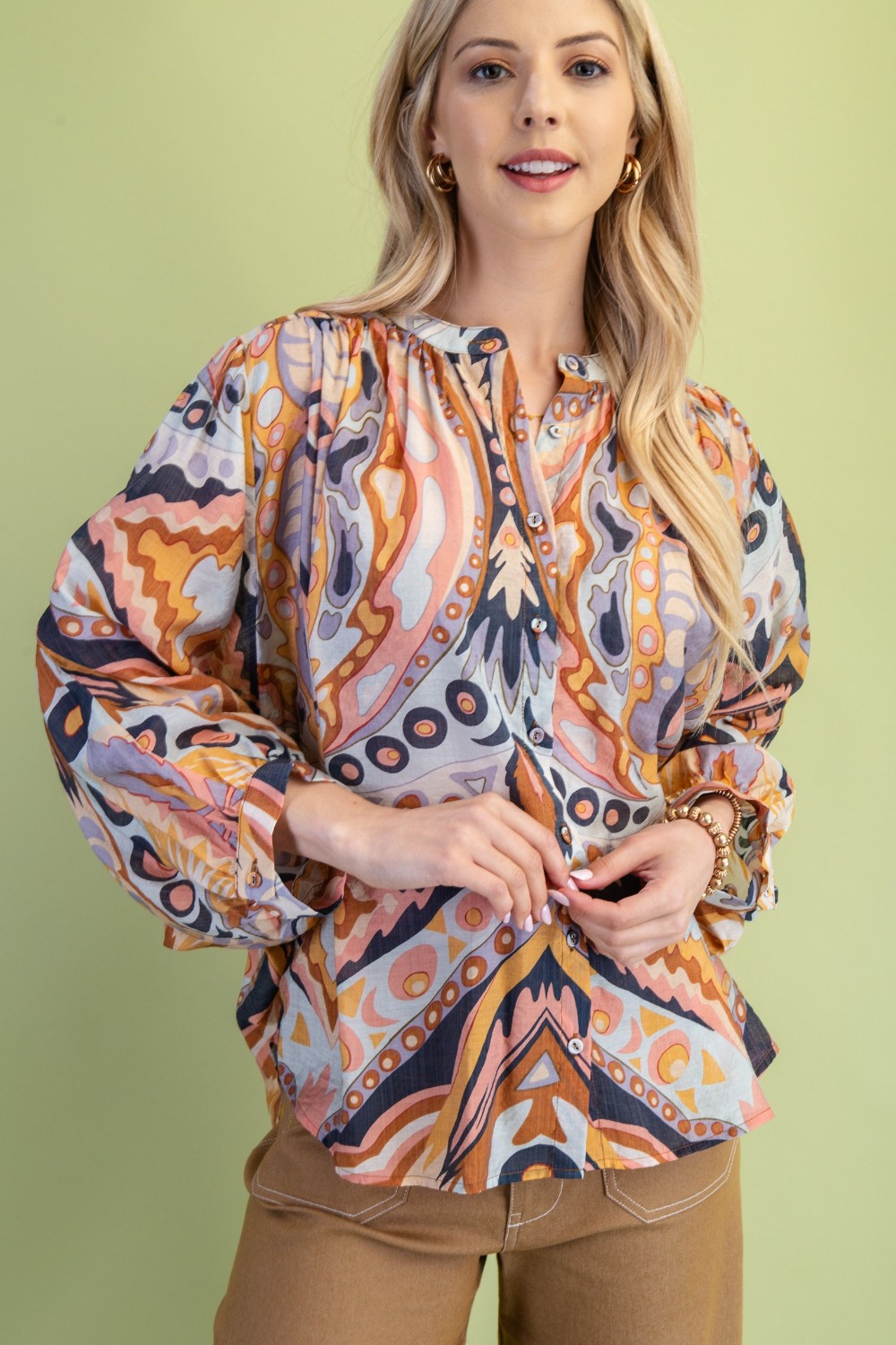 Printed Loose Fit Button Down Blouse