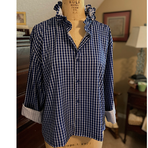 Ruffled collar shirt: Dark blue & white gingham
