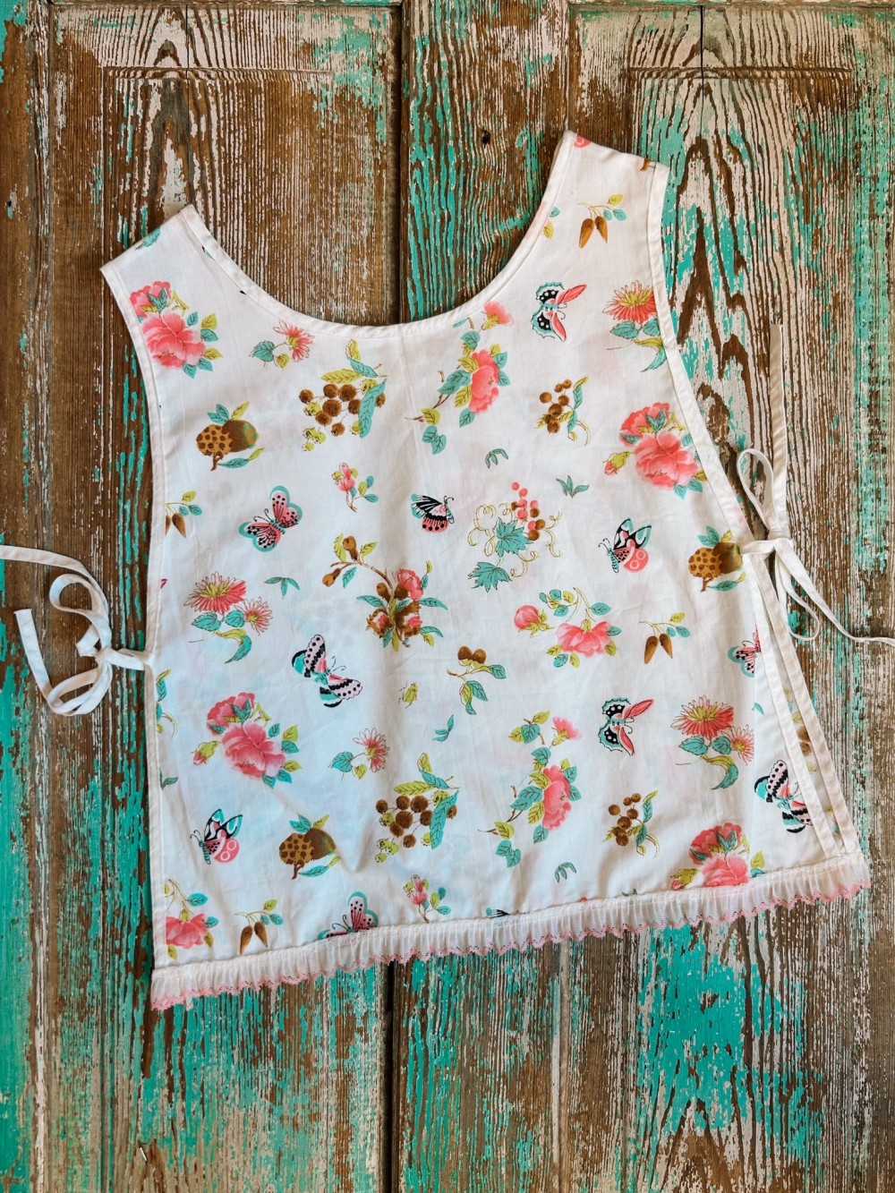 Upcycled Vintage Butterfly Tie-Top Tank made from a Vintage Apron: Large