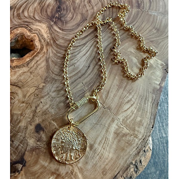 Replica Greek coin pendant on carabiner clasp on short gold tone rolo chain