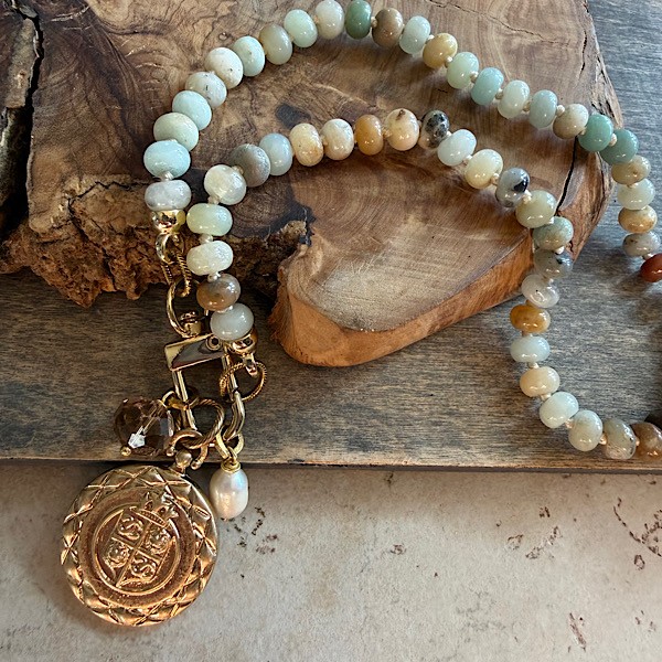 1Medallion & charms on short knotted amazonite necklace w/front collector clasp