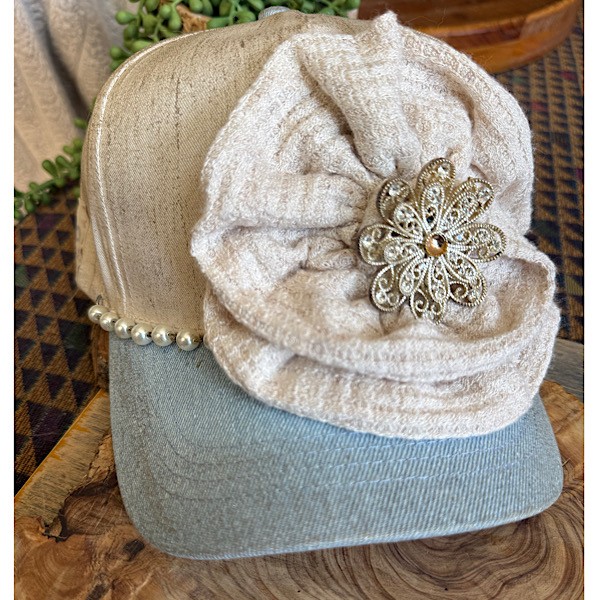 Hat: Cream/denim  ballcap w/fabric rosette, vintage brooch and linked pearl chain accent