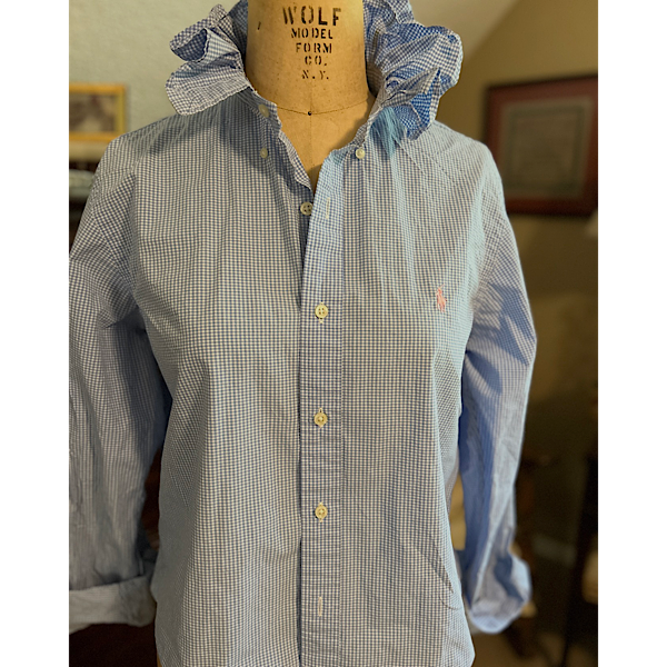 Ruffled collar shirt: light blue & white gingham
