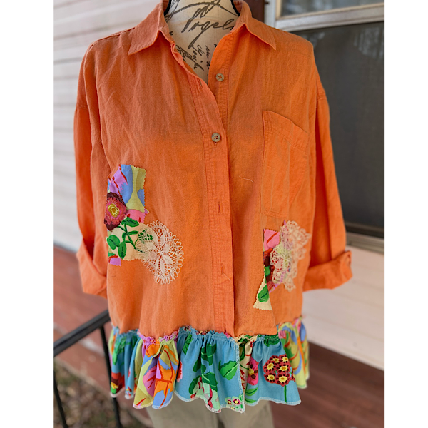 Shirt: Tangerine linen blend button up w/colorful skirting and accents
