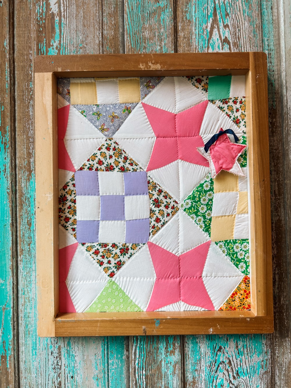 Upcycled Vintage Framed Quilt - Purple Nine-Patch