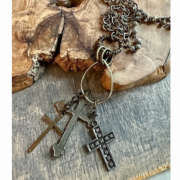 Three cross chunky charm style long necklace on rings in antique mixed metal tones