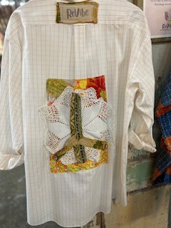 Pocket Shirt:  Cream plaid shirt w/ 3/4 lace trimmed sleeves,  vintage doily on back and front patch pockets