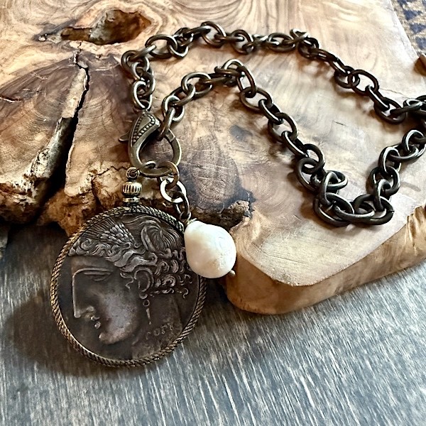 Replica Greek coin in bronze on short chunk chain w/front clasp and baroque pearl