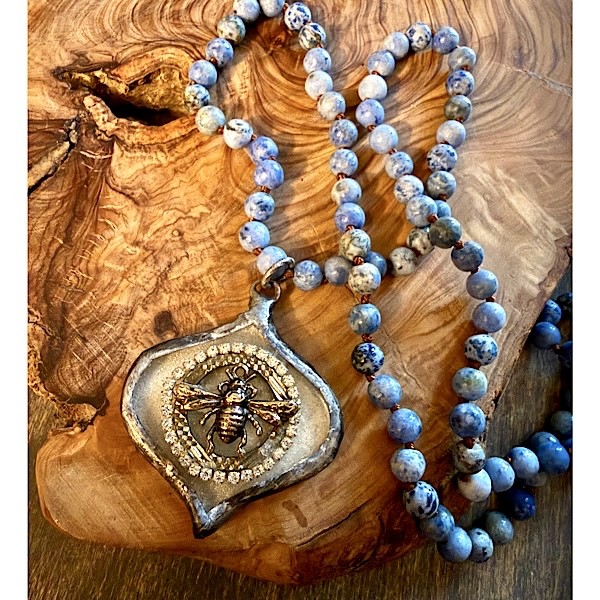 Vintage assemblage soldered bee pendant on long knotted sodalite stone bead strand