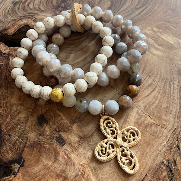Three bracelet stretch set crazy lace agate/crystal/white howlite w/matte gold cross charm. This listing is for 3 separate bracelets sold Together as a set