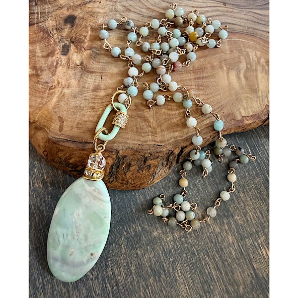 Aqua Sea Jasper oval nugget on bling/enamel carabiner on long amazonite linked bead strand