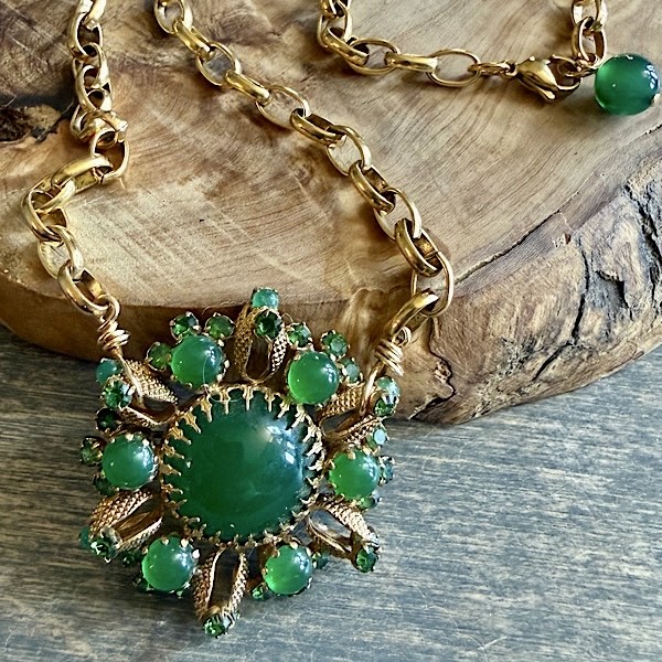 Vintage brooch pendant in antique gold and greens on antique gold plated short chain