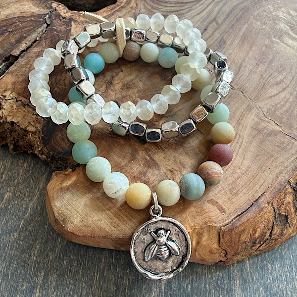 Three bracelet stretch set matte Amazonite/crystal/silver w/silver bee charm. This listing is for 3 separate bracelets sold Together as a set