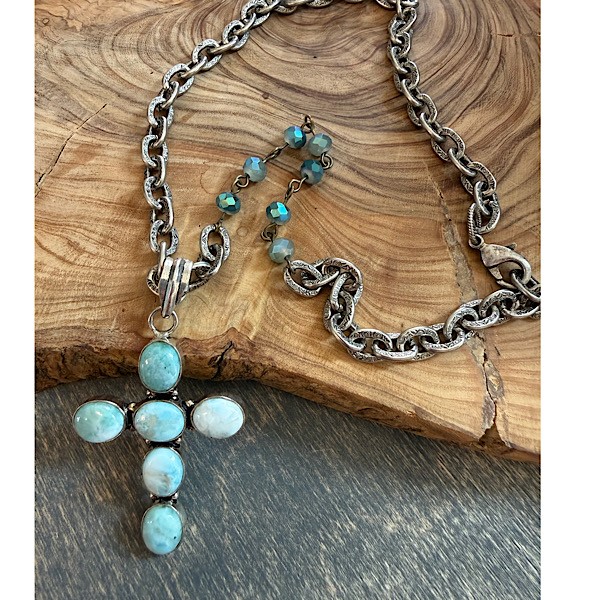 Cross of amazonite bezeled stones on short antique silver textured chain w/linked crystal bead accent
