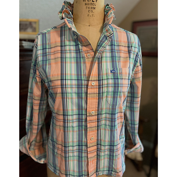 Ruffled collar shirt: Southern Tide Peach, mint, blue & white plaid