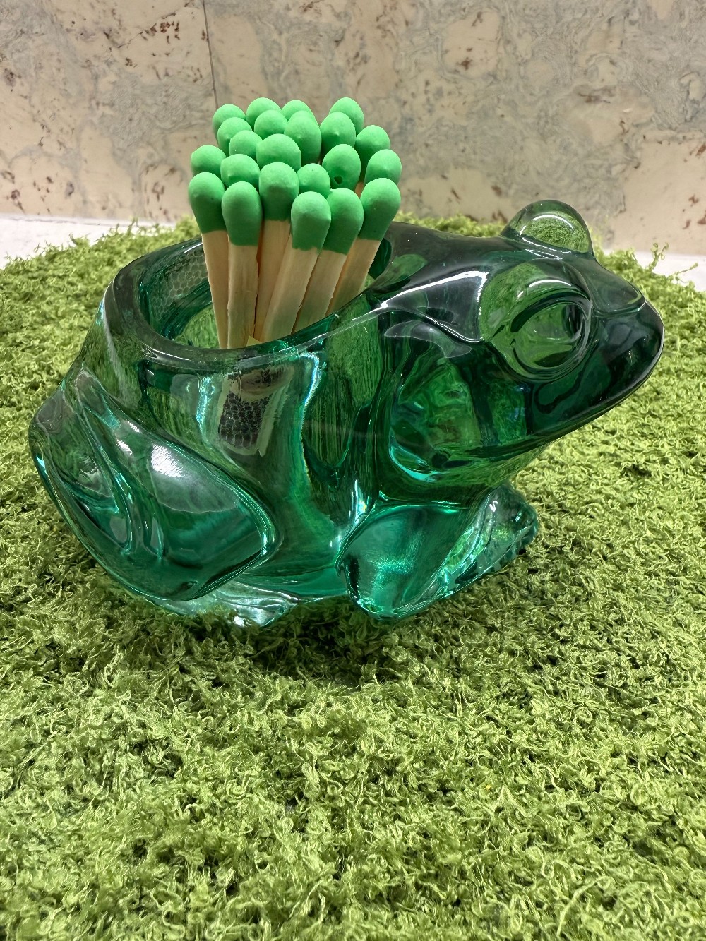 Glass frog match holder