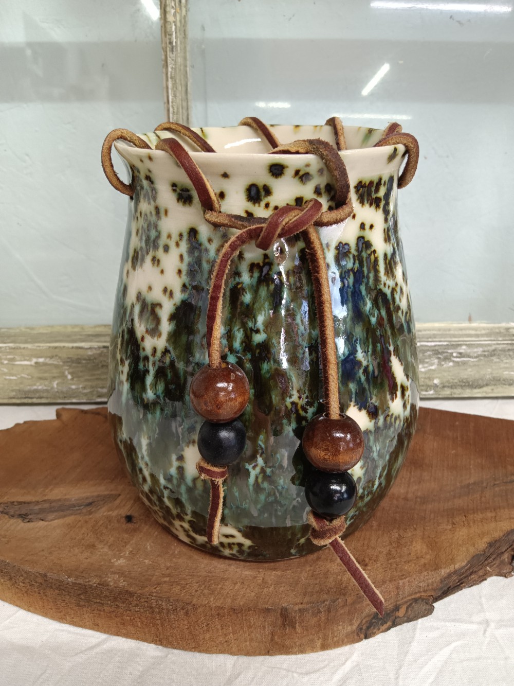 Green Jasper Vessel wth Leather and Bead Accent