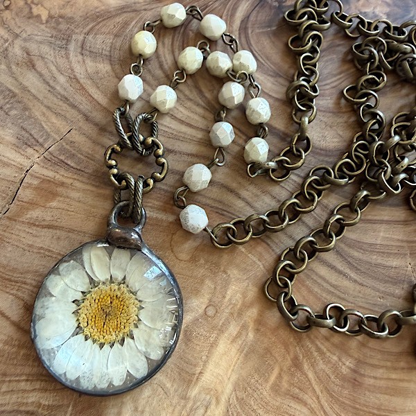 Botanical pressed daisy soldered pendant on long bronze chain w/linked cream czech glass beads