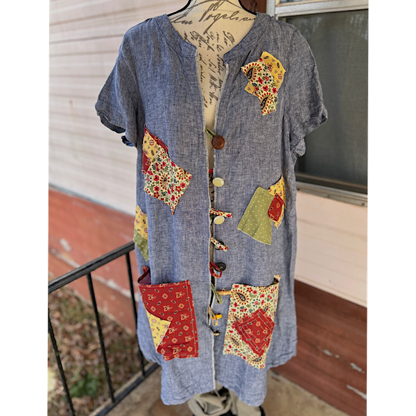 Shirt: mid length chambray overshirt with vintage vibe patches