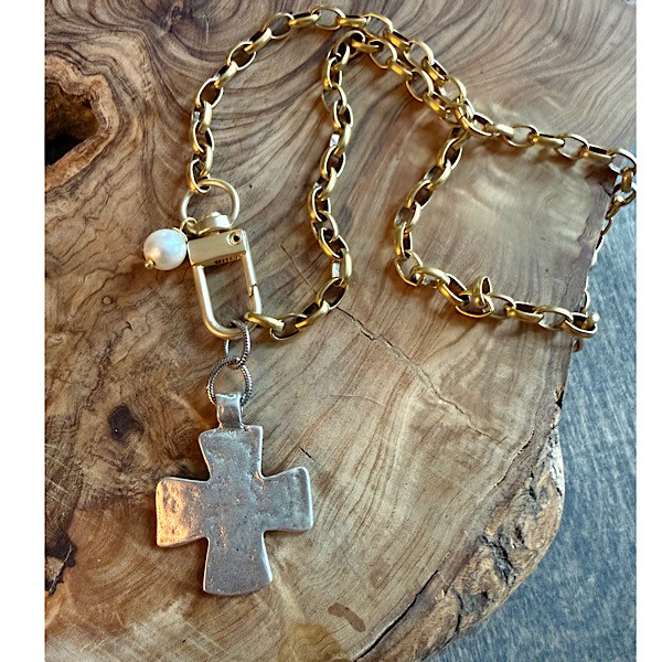 Chunky pewter cross on short antique gold chain w/front collector clasp and pearl dangle
