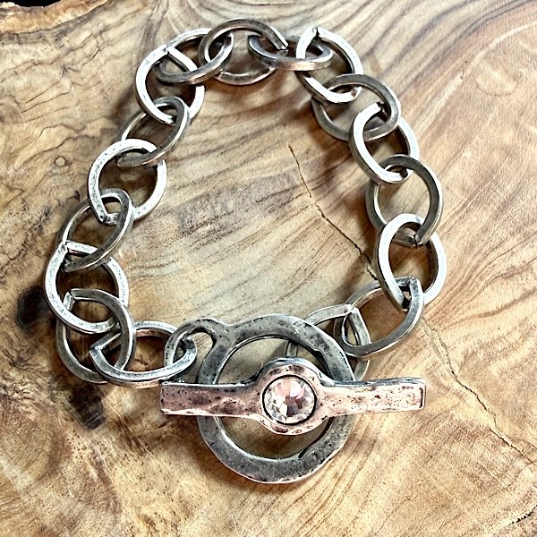 Rhinestone XL toggle chunky link bracelet - antique silver plated