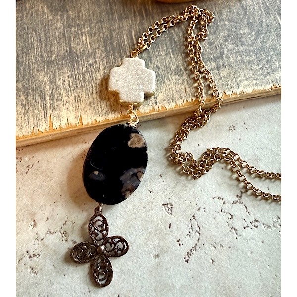 Black jasper nugget w/cream fossil stone cross and bronze filigree cross on long matte gold chain