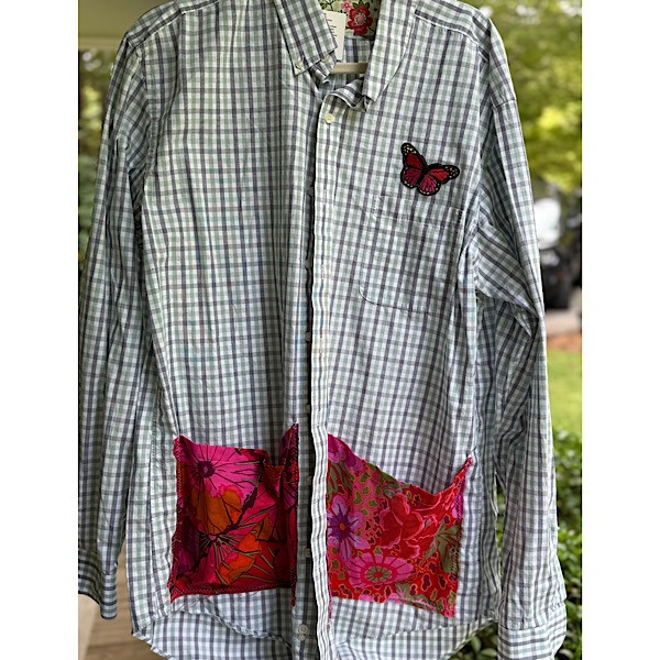 Pocket Shirt: White/Navy/Green plaid w/colorful print pockets, pieced flower and butterfly appliques