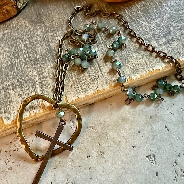 Faith & Love necklace on long bronze and crystal linked chain