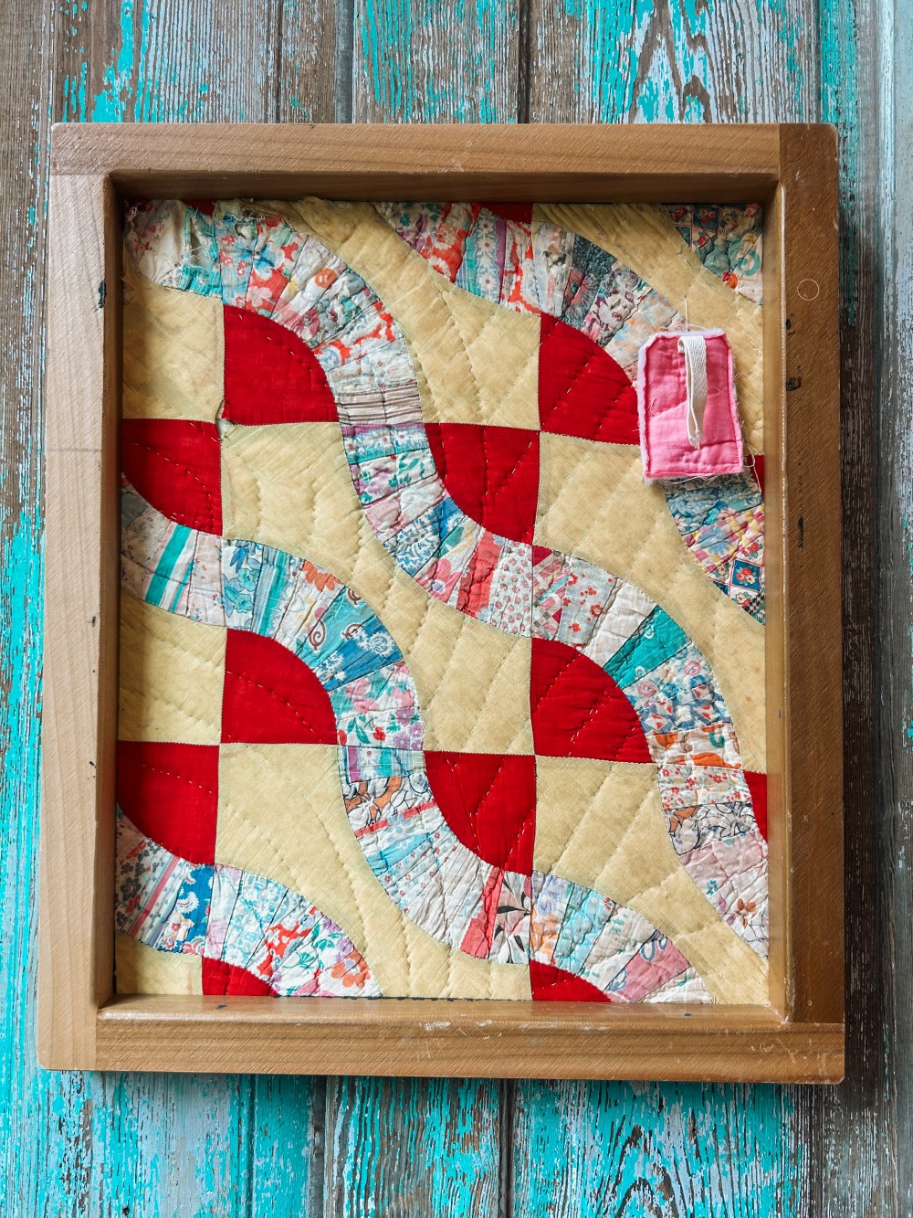 Upcycled Vintage Framed Quilt - Yellow Fan Drunken Path