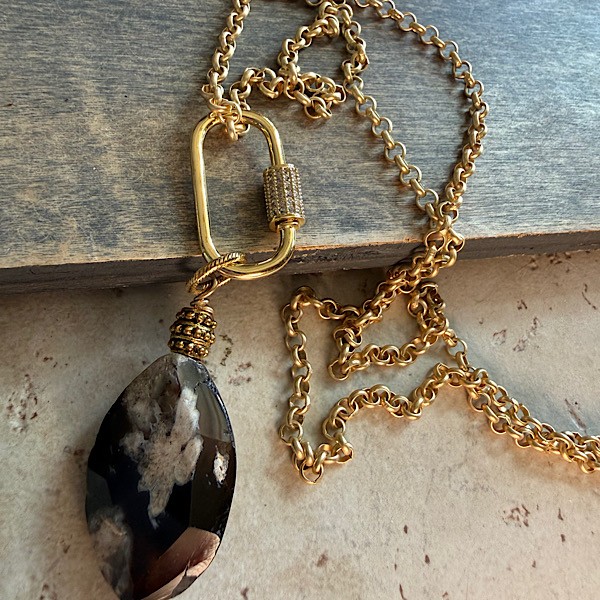 1Black mixed agate nugget w/bling carabiner on long matte gold chain